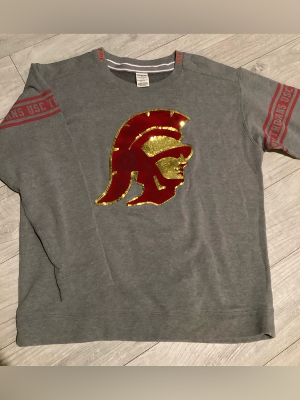 PINK collab with 5th & Ocean Gray Sweatshirt sequin USC Trojan Head